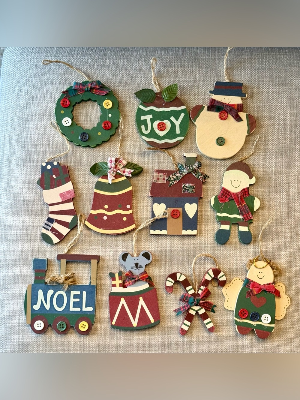 Vintage Rustic Wooden Christmas Ornaments. Handmade Set of 15